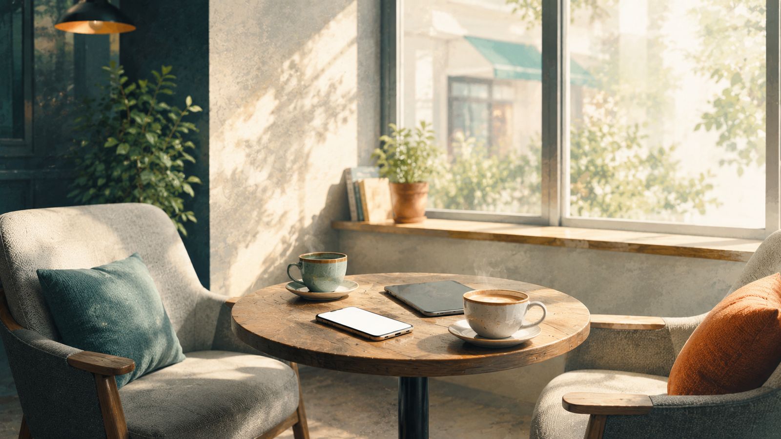 A sunny cafe corner with two comfortable chairs, coffee cups, a phone, and a tablet on a wooden table