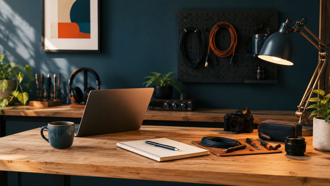 A tidy professional workbench with a laptop, precise tools, and a coffee cup under warm lamp light