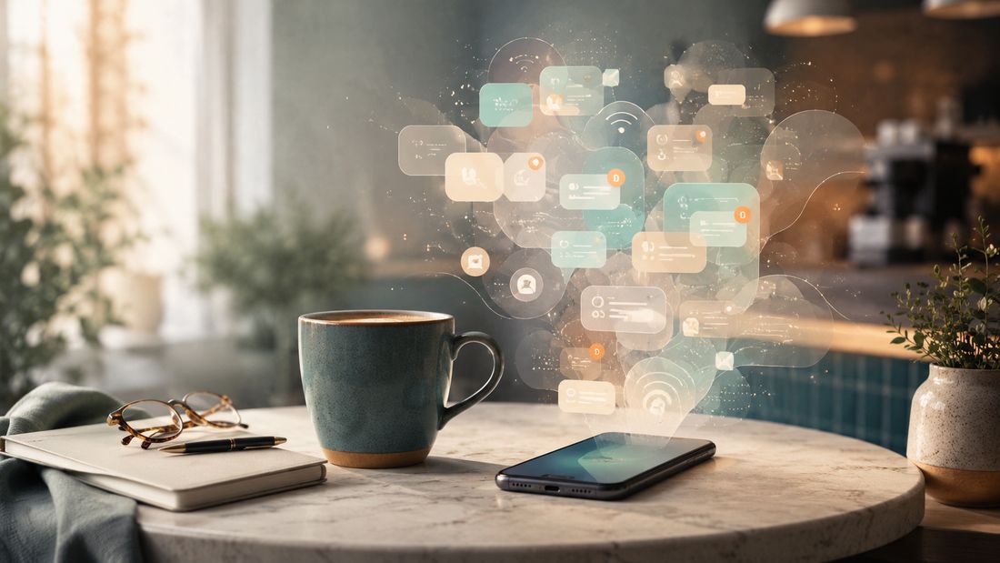 A swirl of app icons and notifications above a phone, while one calm cup of coffee sits steady below