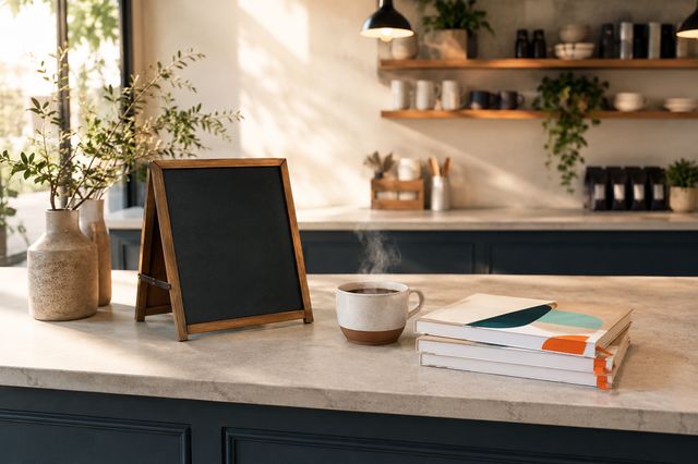 Coffee and a fresh stack of How To Cafe guides on the counter